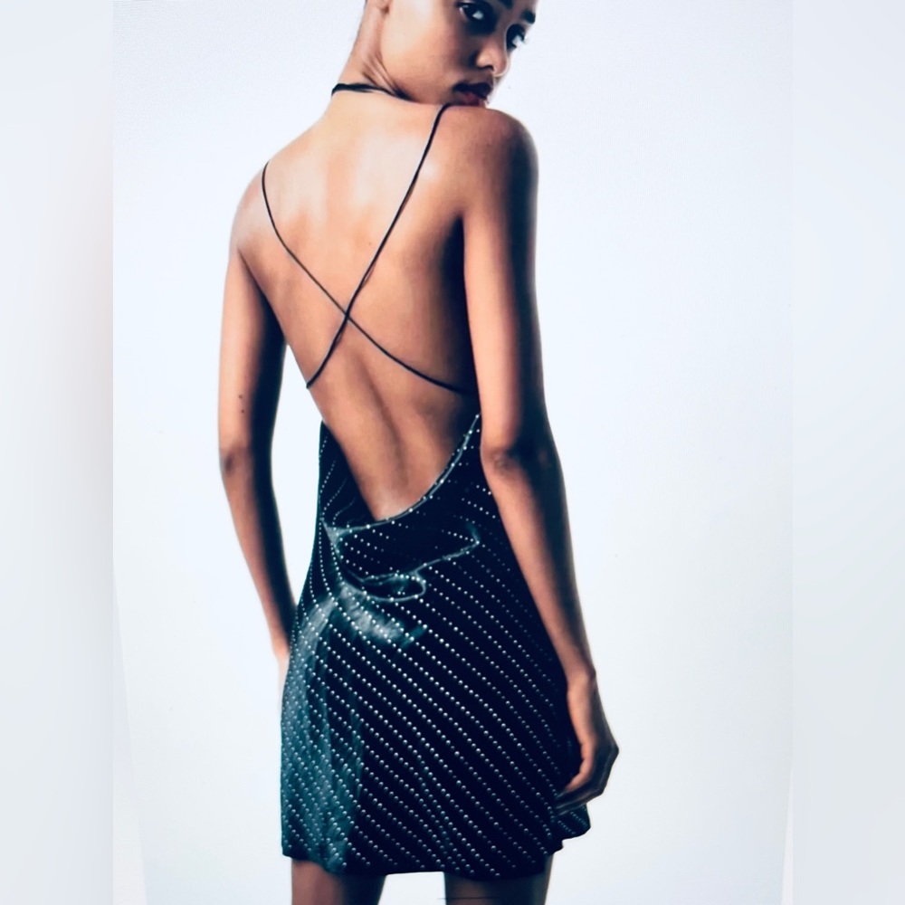 Zara satin effect mini black slip dress with rhinestone details - size XS